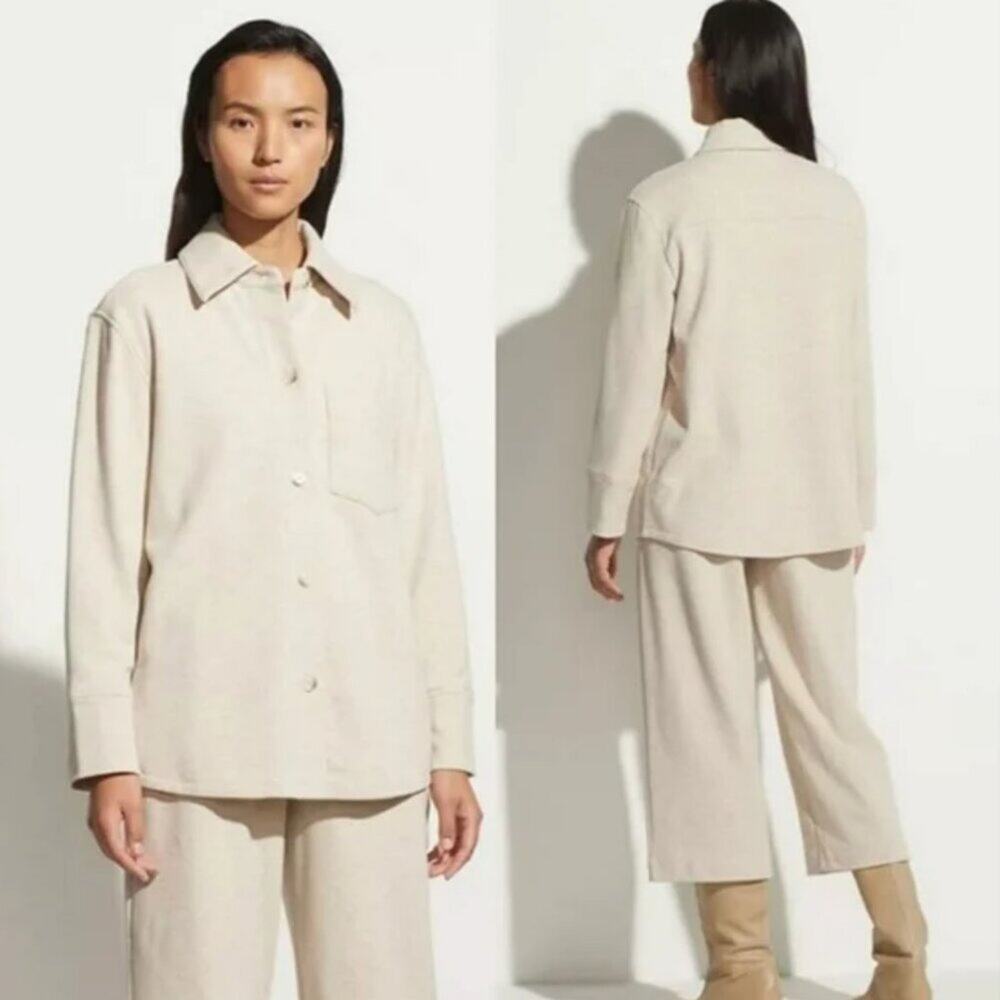 Vince Oversize Cotton Blend Knit Shirt Jacket Color Heather Sand Dune